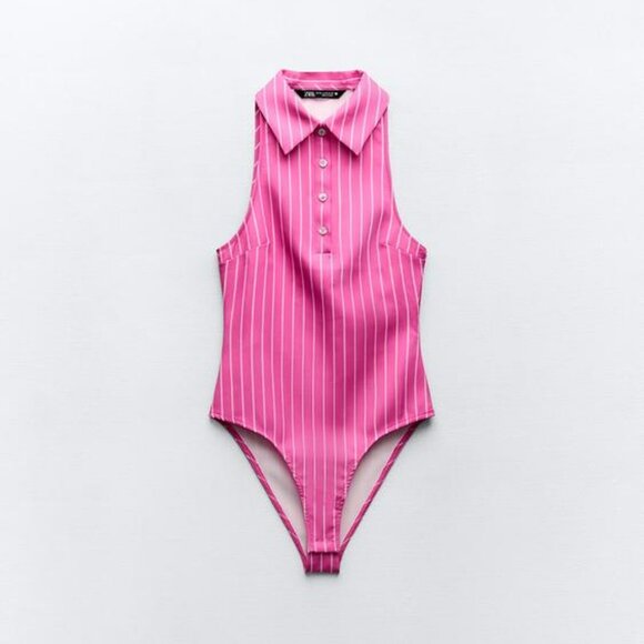 PINK STRIPED STRETCH BODYSUIT - Picture 1 of 2